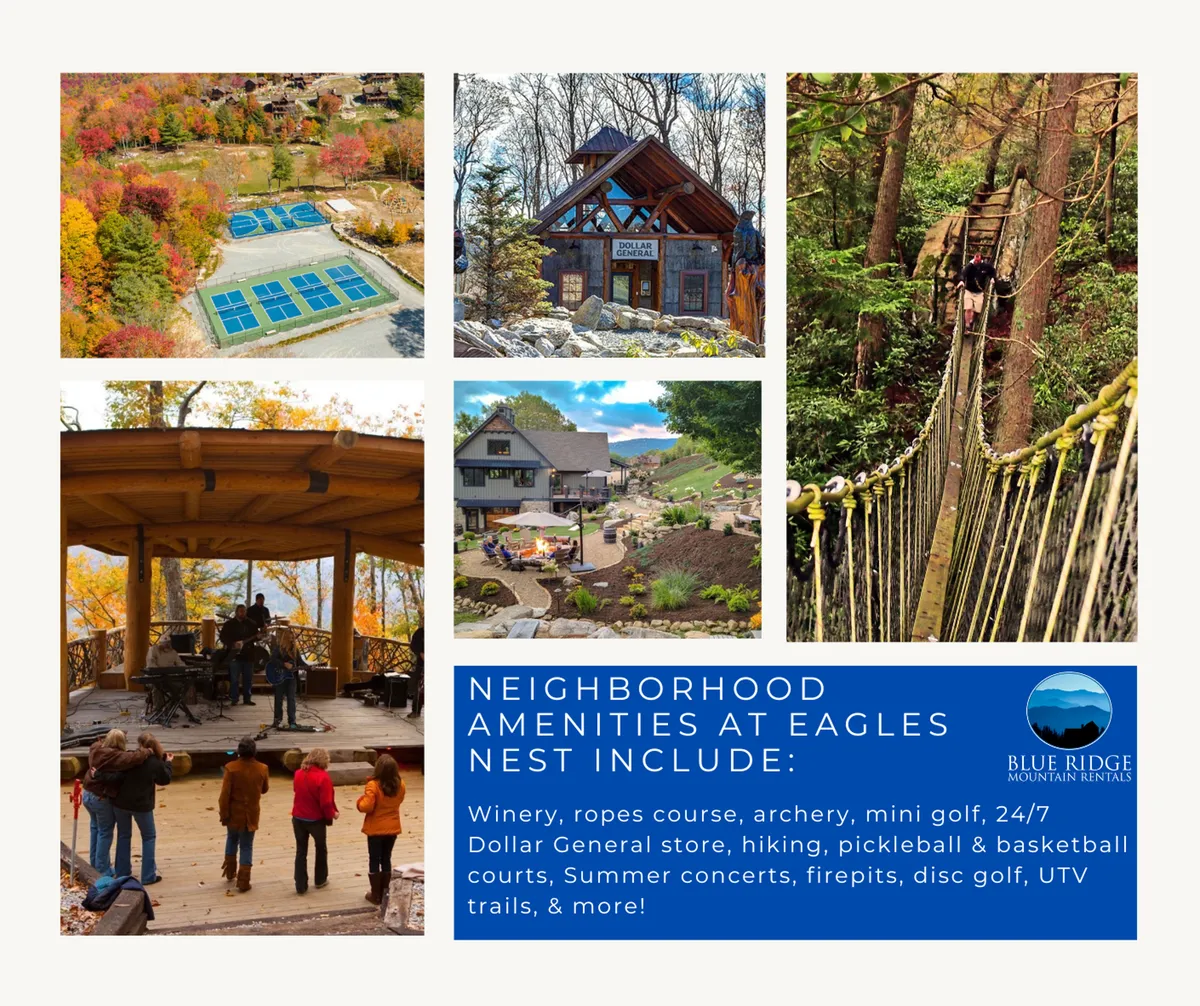 A vibrant interior scene capturing a lively atmosphere at Eagles Nest’s resort amenities. The image features an adventurous ropes course, a stage setup for live music events, ample outdoor seating, and a luxurious lodge as a backdrop. People are visible enjoying concerts, participating in outdoor activities, and gathering with family and friends, encapsulating the spirit of community and recreation.